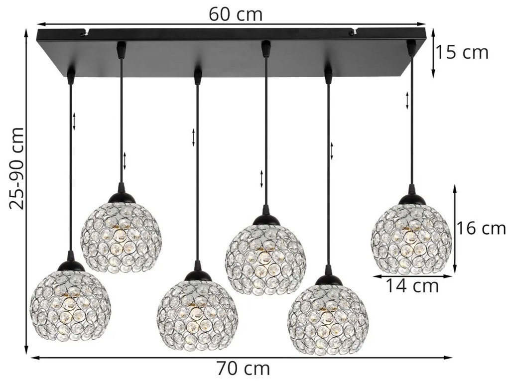 Závesné svietidlo CRYSTAL, 5x strieborné krištáľové tienidlo