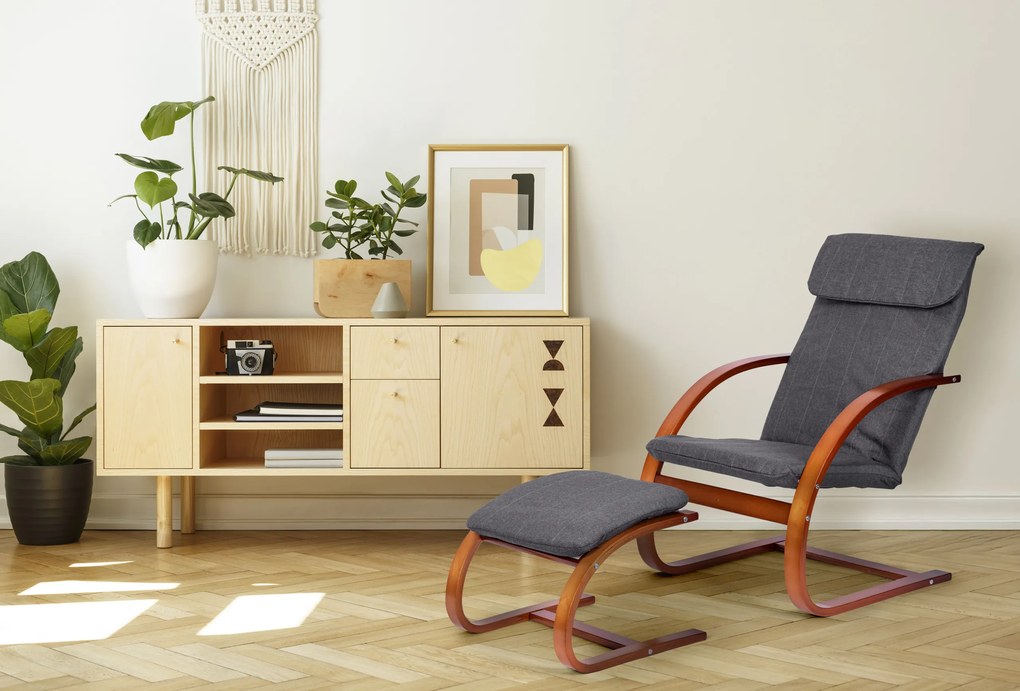 Fínske hojdacie kreslo s opierkou na nohy, sivé, ModernHome