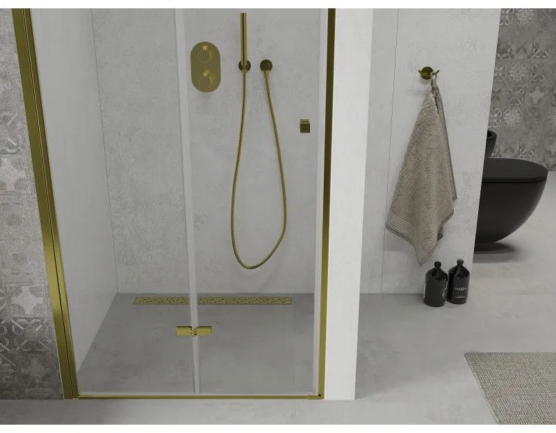 Mexen Lima, skladacie sprchové dvere do otvoru 90 x 190 cm, 6mm číre sklo, zlatý profil, 856-090-000-50-00
