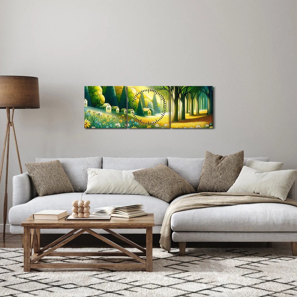 Obraz - Dedina v žlto-zelenej (s hodinami) (90x30 cm)