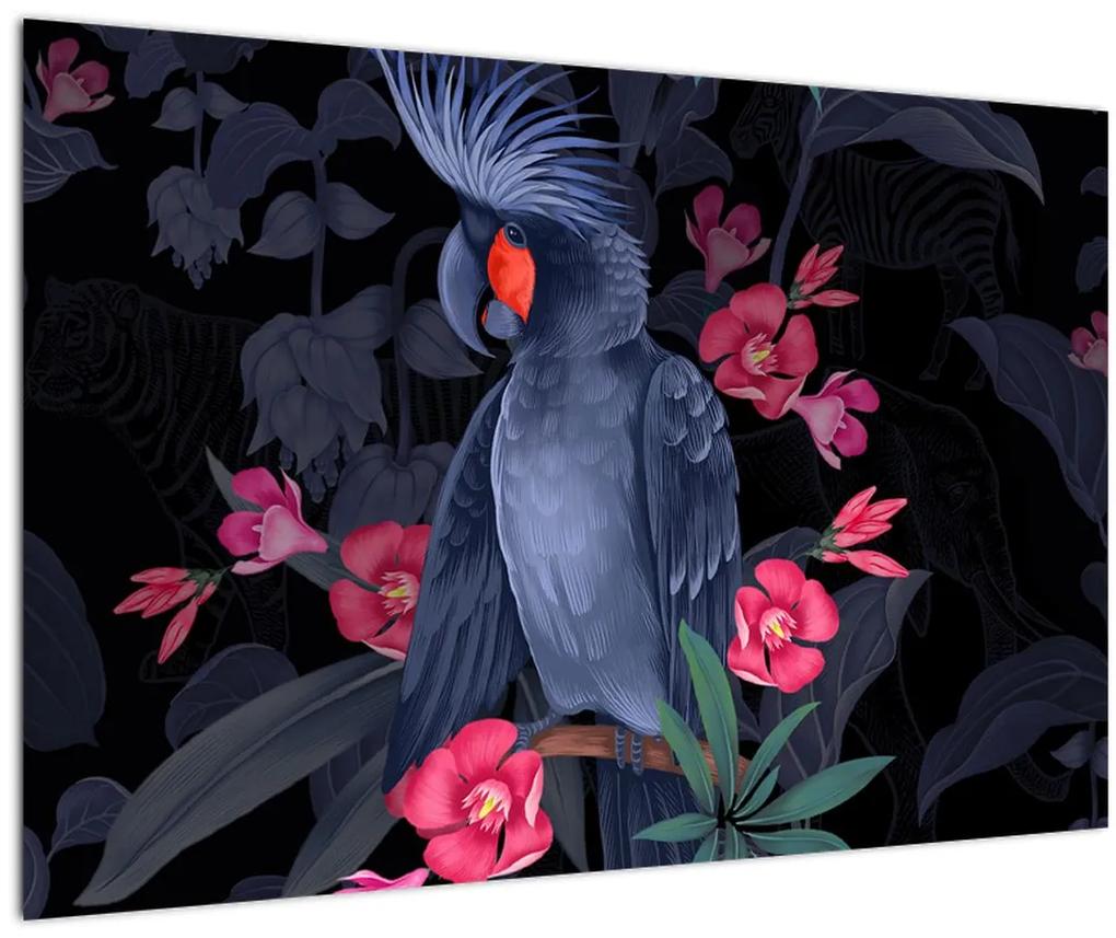Obraz - Papagáj medzi kvetmi (90x60 cm)