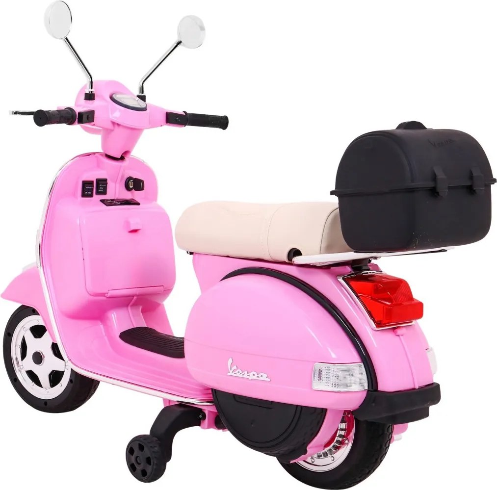 Ramiz Vespa elektrický skúter pre deti Ružová + pomocné kolieska + audio + ekokoža + EVA + pomalý štart