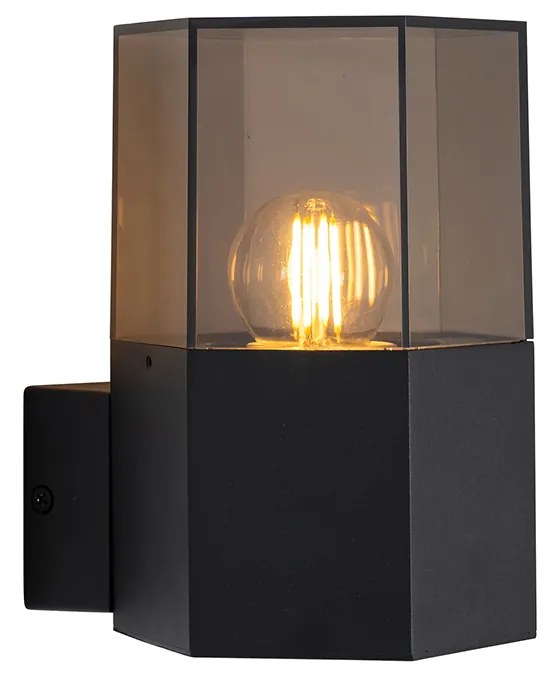 Vonkajšia nástenná lampa čierna s dymovým sklom šesťuholníková IP44 - Denmark