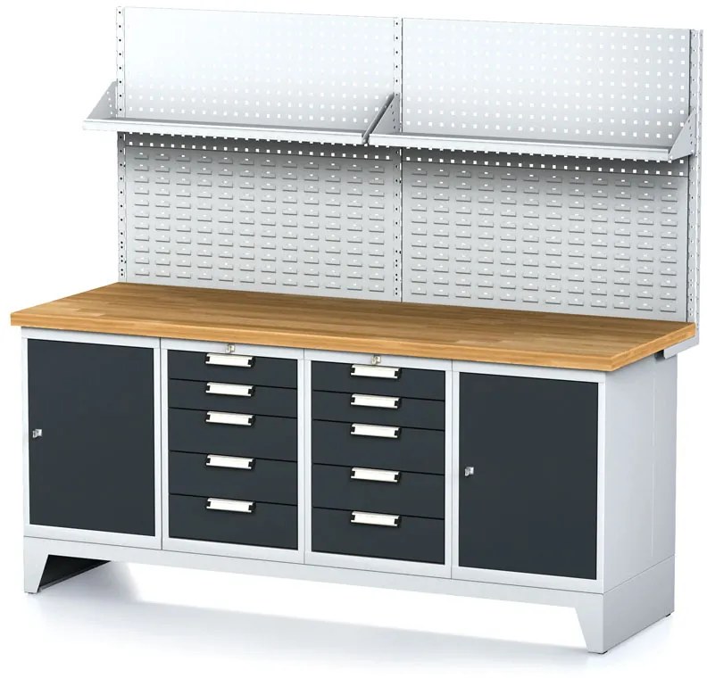 Alfa 3 Dielenský stôl MECHANIC I, perforovaný panel, polica, 2 skrinky a 2 zásuvkové boxy na náradie, 10 zásuviek, 2000x685x880 mm, antracitové dvere