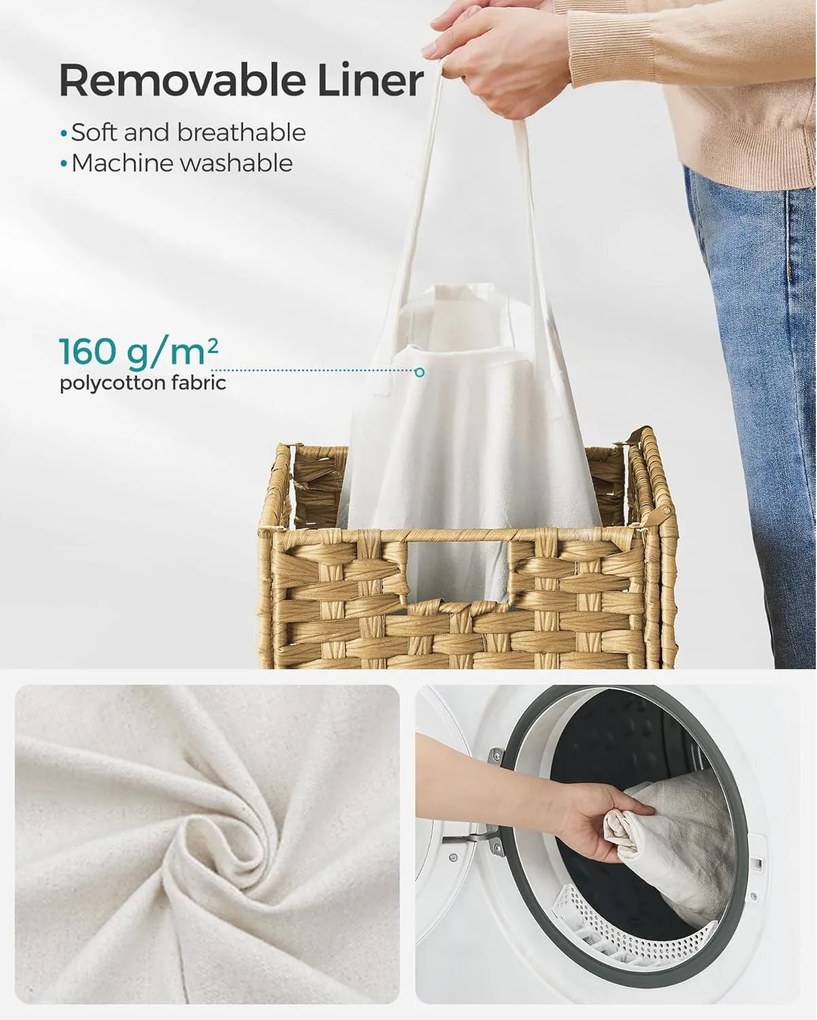 Kôš na bielizeň zo syntetického ratanu, s vekom a rúčkami, skladací, prírodný