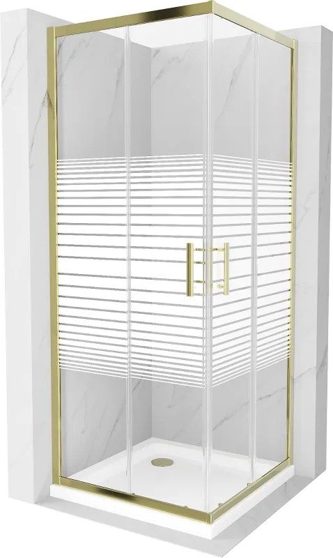Mexen Rio, štvorcový sprchovací kút s posuvnými dverami 80(dvere) x 80(dvere) x 190 cm, 6mm číre sklo s pásikmi, zlatý profil + biela sprchová vanička SLIM, 860-080-080-50-20-4010G