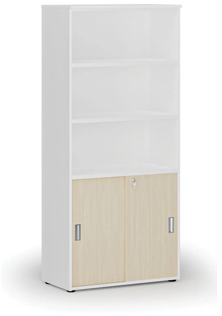 Kombinovaná kancelárska skriňa PRIMO WHITE, zasúvacie dvere na 2 poschodia, 1781 x 800 x 420 mm, biela/dub prírodná