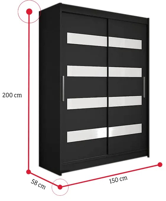 Posuvná šatníková skriňa STAWEN IV, 150x200x58, biela/čierna lesk