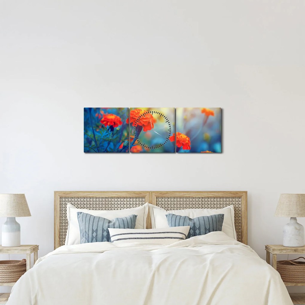 Obraz - Oranžové kvety (s hodinami) (90x30 cm)