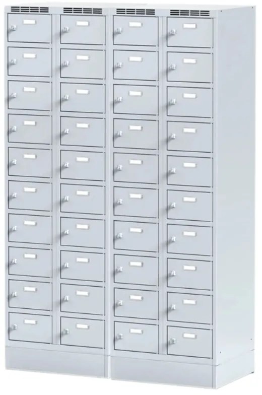 Šatníková skrinka S6 na sokli s úložnými boxami, 20 boxov, 1920 x 600 x 500 mm, cylindrický zámok, tmavosivé dvere