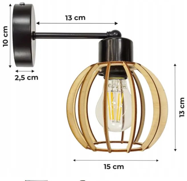 BERGE Nástenná lampa - kinkiet - E27 - drevená guľa malá - čierna