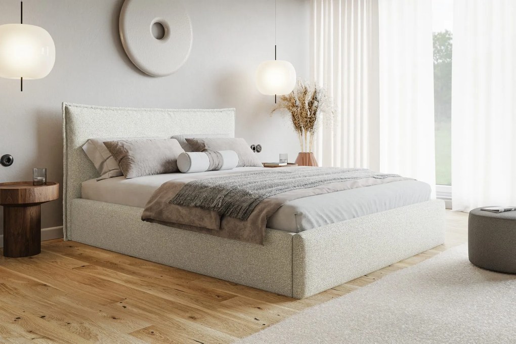 Čalúnená manželská posteľ s úložným priestorom SLIM 14 - svetlá krémová | 160×200