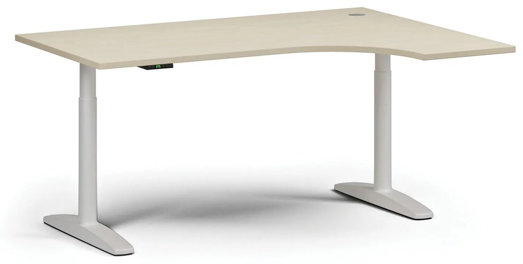 Výškovo nastaviteľný stôl OBOL, elektrický, 675-1325 mm, rohový pravý, doska 1600x1200 mm, biela zaoblená podnož, wenge