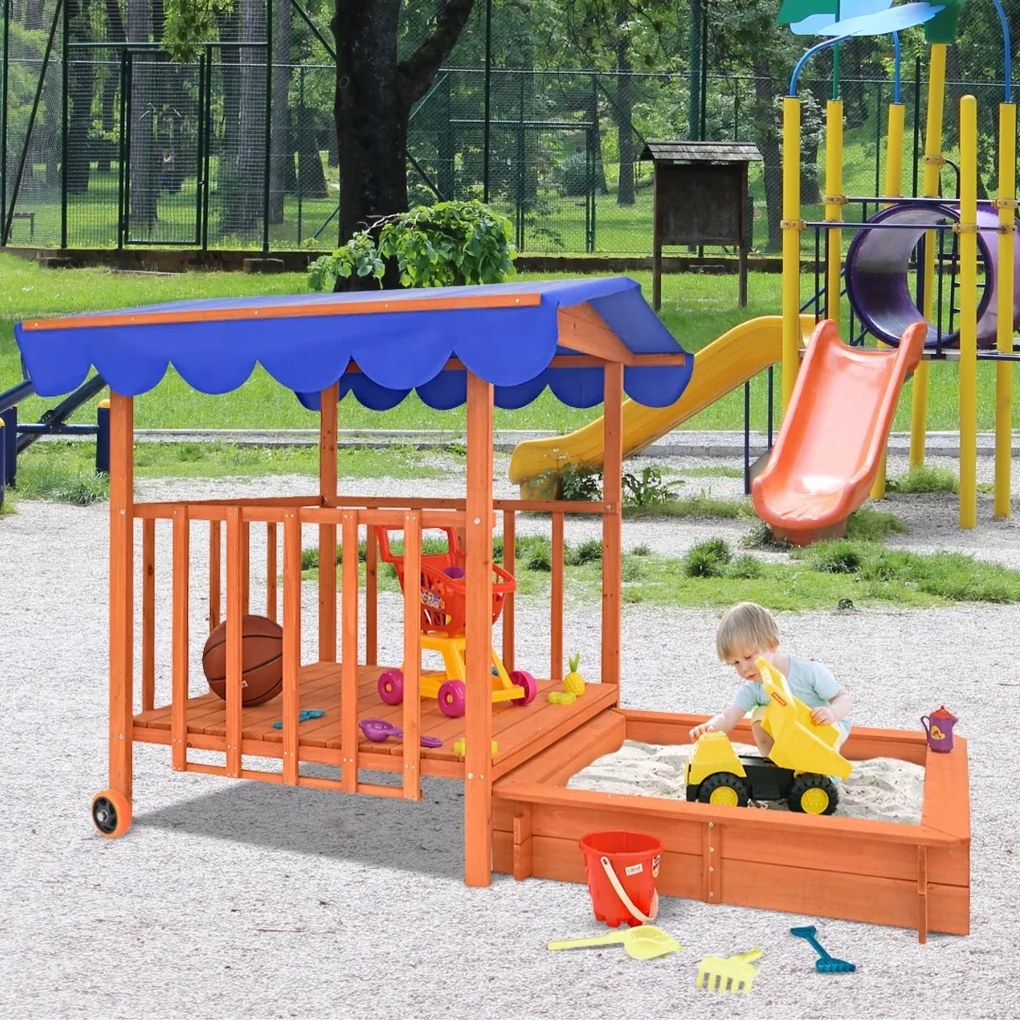 Pieskovisko s verandou HAPPY, 130x130x143 cm, hnedá/modrá Jurhan