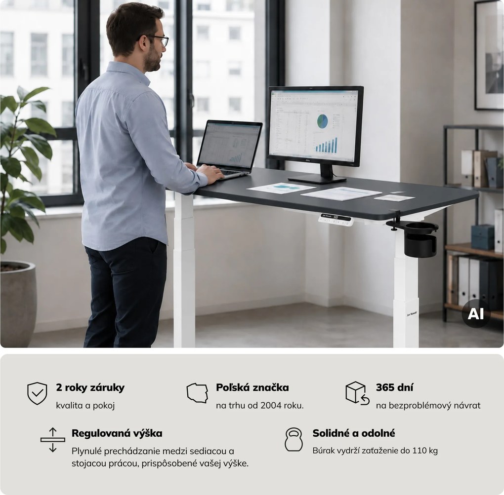 Elektrický stôl s nastaviteľnou výškou ergonomický bielo-antracitový,1400x700 mm: ARIA