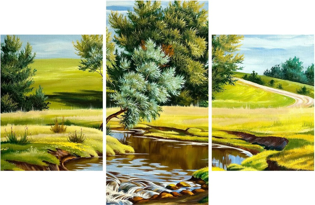 Obraz - Rieka medzi lúkami, olejomaľba (90x60 cm)