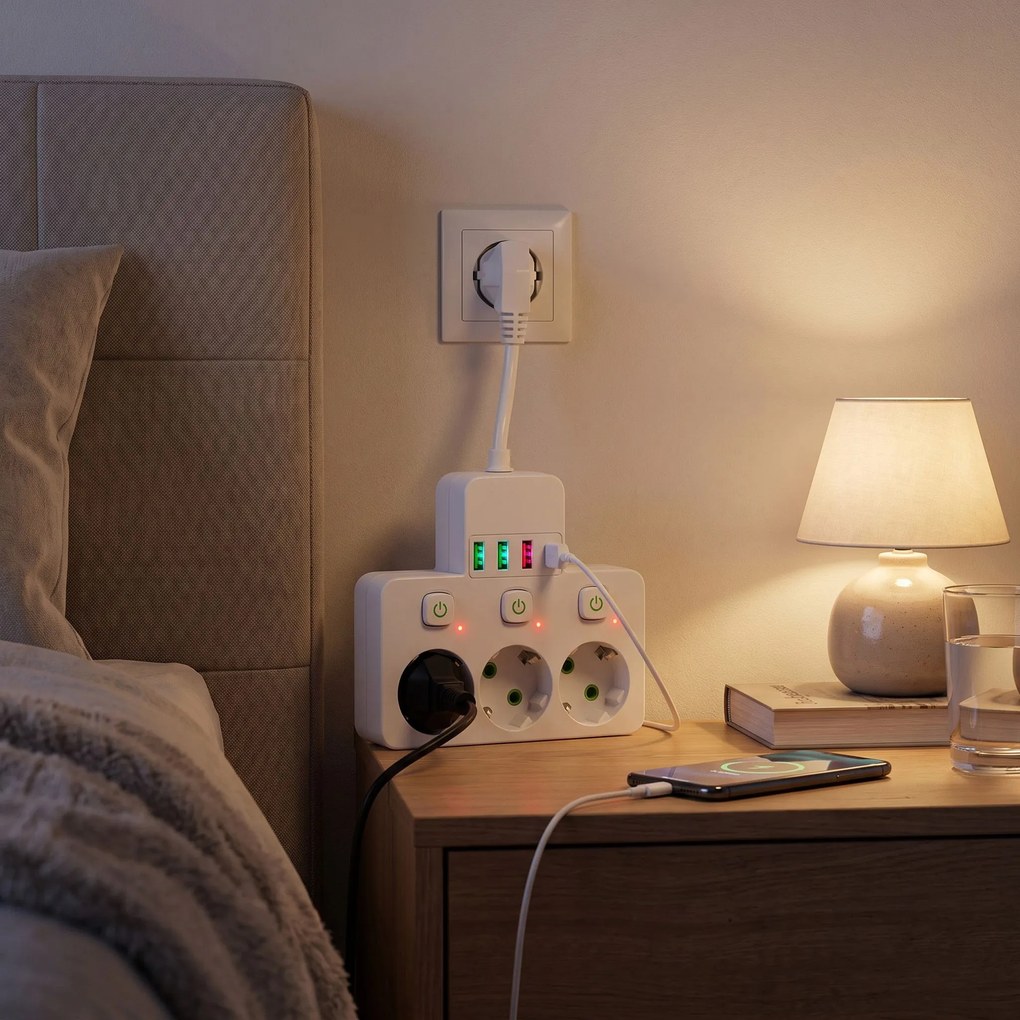 Toolight Toolight, JNH018, zásuvkový rozbočovač 3 zásuvky + 3× USB-A + USB-C s LED svetlom, biela, OSW-56306