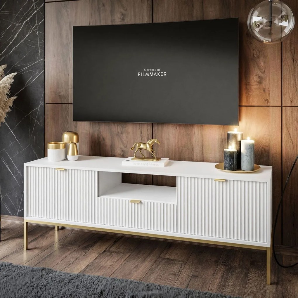 TV STOLÍK VIGGO BIELY + ZLATÝ PODSTAVEC 154 cm