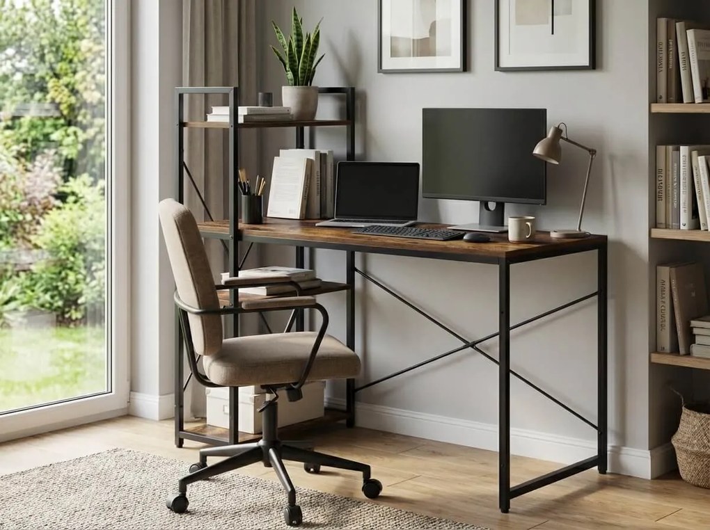 Písací stôl s regálom LOFTY 120x60 cm, čierny / rustikálne hnedý