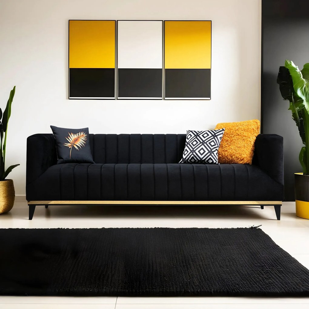 Elegantná trojmiestna pohovka Bellino s dvoma vankúšmi, 222 x 89 cm, čierno zlatá