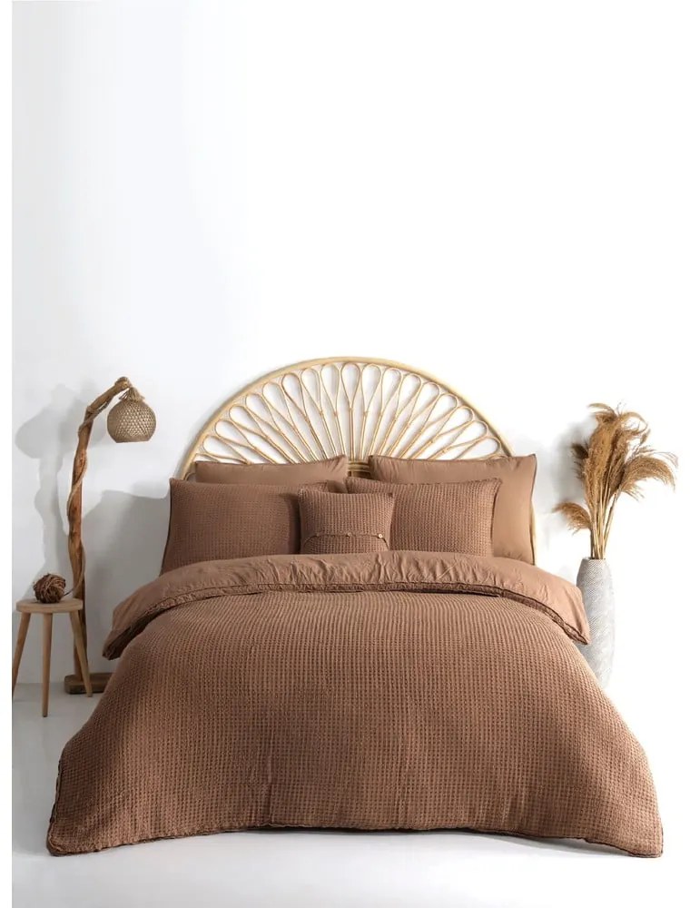 Hnedé obliečky na dvojlôžko/predĺžené z bavlny Renforcé 240x220 cm Waffle Striped – Mila Home Luxury