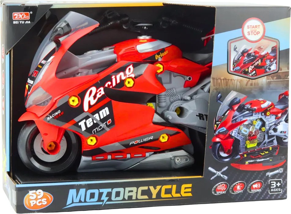 LEAN Toys Motocykel 2v1 DIY dielenské svetlá Zvuky Dym Červená 43cm