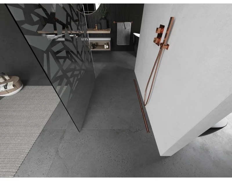 Mexen Kioto, sprchová zástena Walk-In 110 x 200 cm, 8mm číre sklo biely vzor, medený matný profil, 800-110-002-65-85