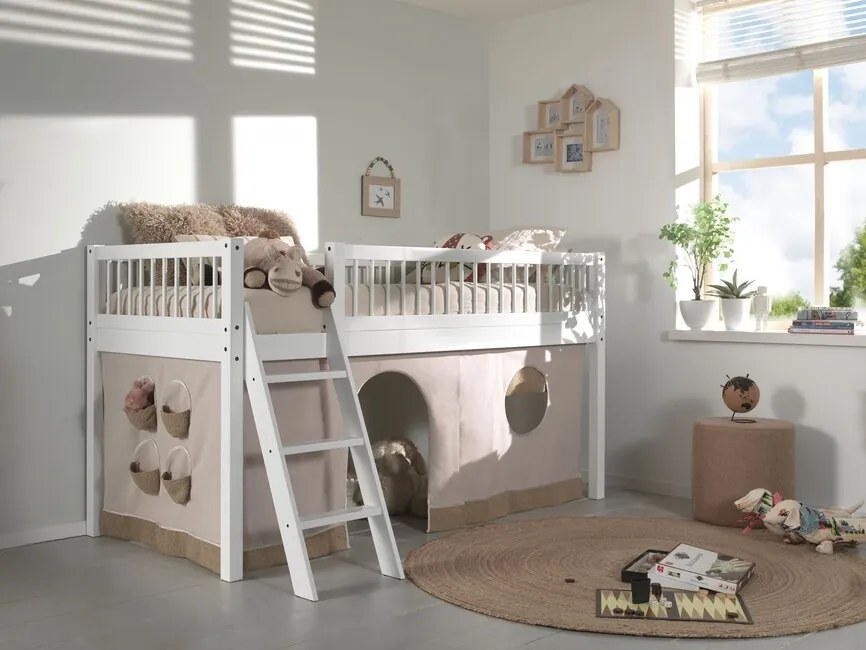 Detská vyvýšená postel Modena s textilnou súpravou biela 90x200cm