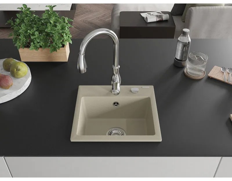 Mexen Milo, 1-komorový granitový drez 435x410x171 mm a drezová batéria Savita, béžová, 6505-69-672601-00