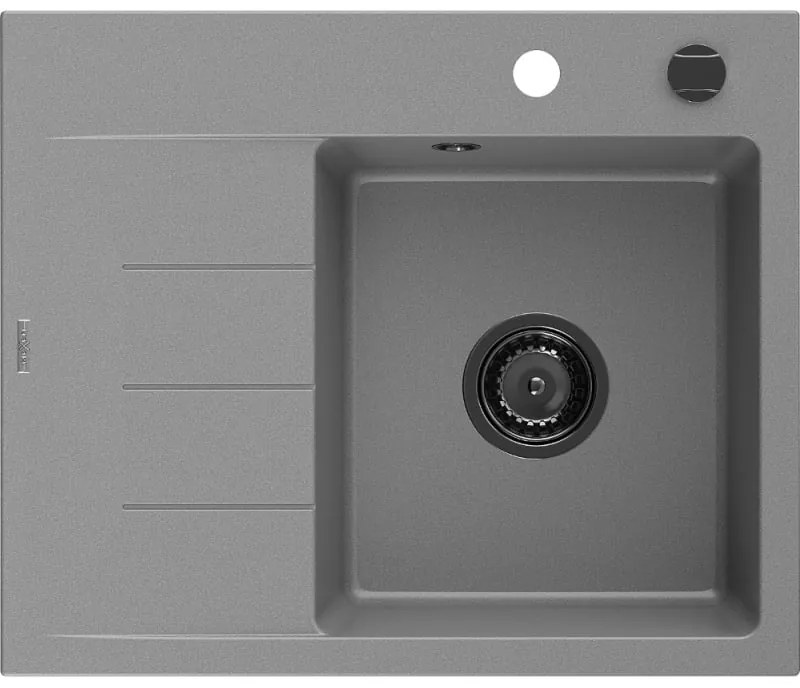 Mexen Ben, 1-komorový granitový drez 600x500x190 mm, pravý + čierny sifón, šedá, 6523605000-71-B