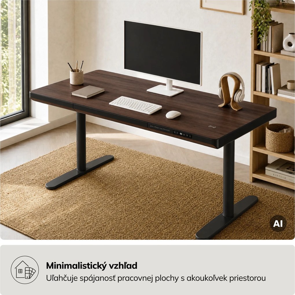 Elektrický písací stôl sit-stand so zásuvkou a bezdrôtovou nabíjačkou Qi čierny/orech, 1400 mm: ELLIS