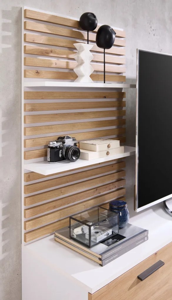 Obývacia stena Heathrow, biela/dub artisan, s osvetlením