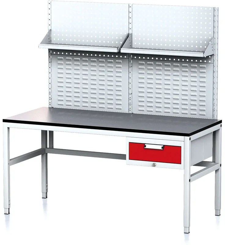 Alfa 3 Nastaviteľný dielenský stôl MECHANIC II s perfopanelom a policami, 1 zásuvkový box na náradie, 1600x700x745-985 mm, sivá/červená