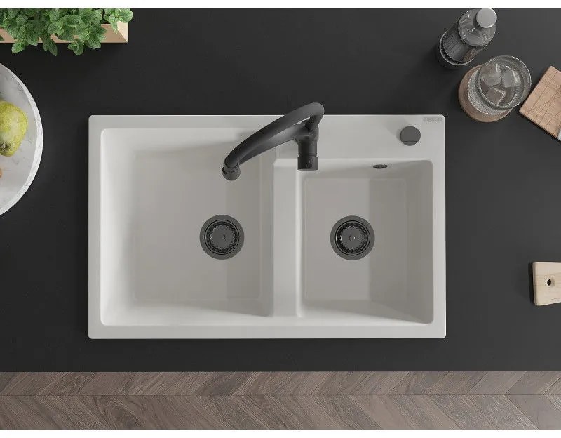 Mexen Tomas, 2-komorový granitový drez 800x500x190 mm a drezová batéria Aster, biela, 6516-20-73450-70-B