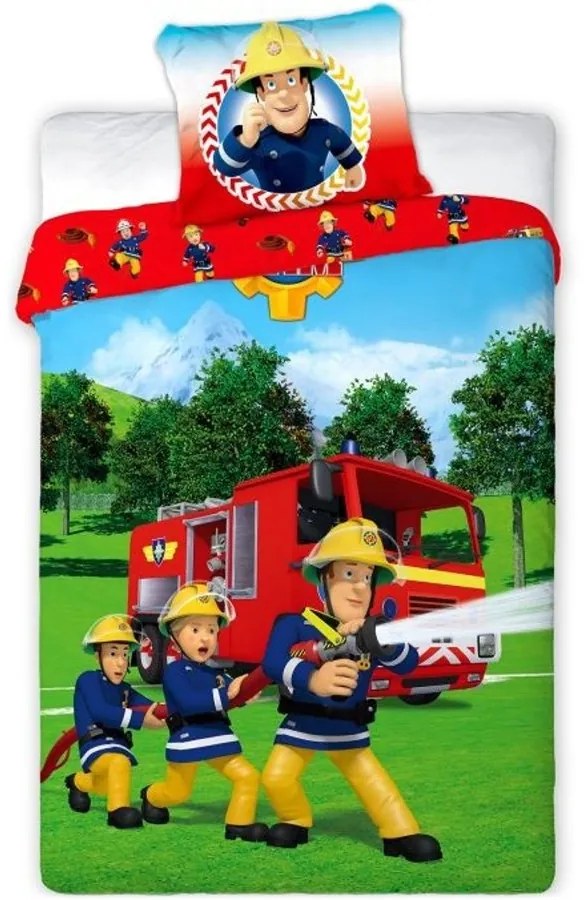 Bavlnené posteľné obliečky Požiarnik Sam - motív Hasičský zásah - 100% bavlna - 70 x 90 cm + 140 x 200 cm