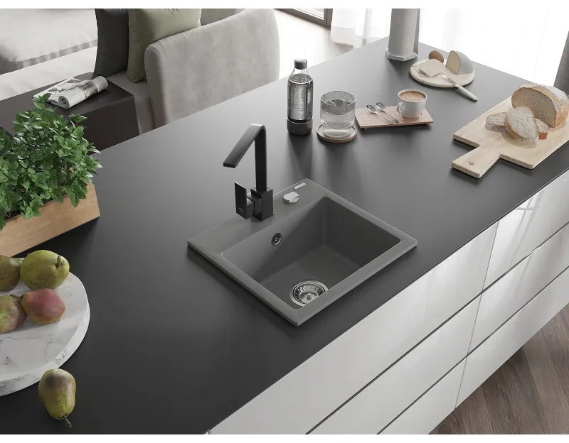 Mexen Milo, 1-komorový granitový drez 435x410x171 mm a čierna batéria Rita, šedá, 6505-71-670300-70