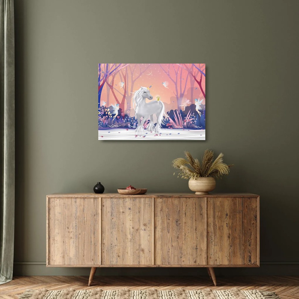 Sklenený obraz - Jednorožec v magickom lese (70x50 cm)