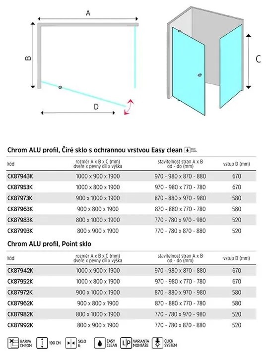Mereo Mereo, Sprchový kút, Lima, obdĺžnik, pivotové dvere a pevný diel, chrom ALU, sklo Point, MER-CK87992K