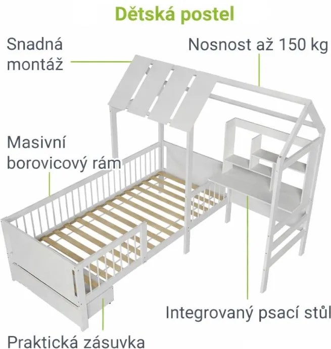 Biela detská posteľ domček s úložným priestorom a stolom