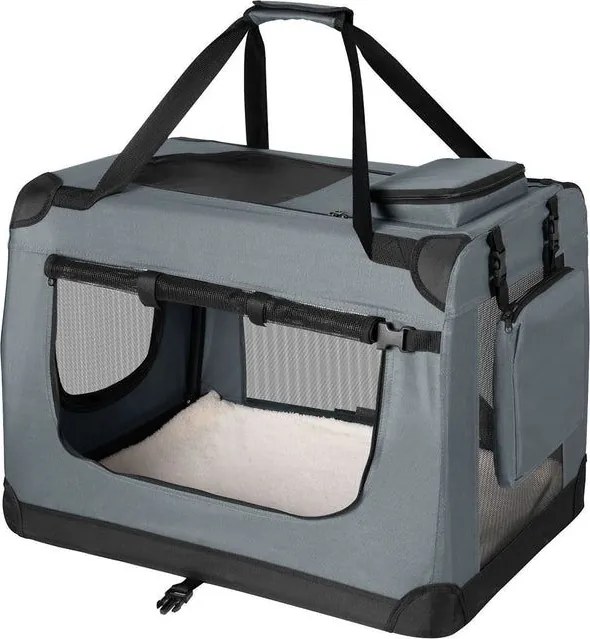 Skladací prepravný box pre psov, sivý, s posteľou, veľkosť S
