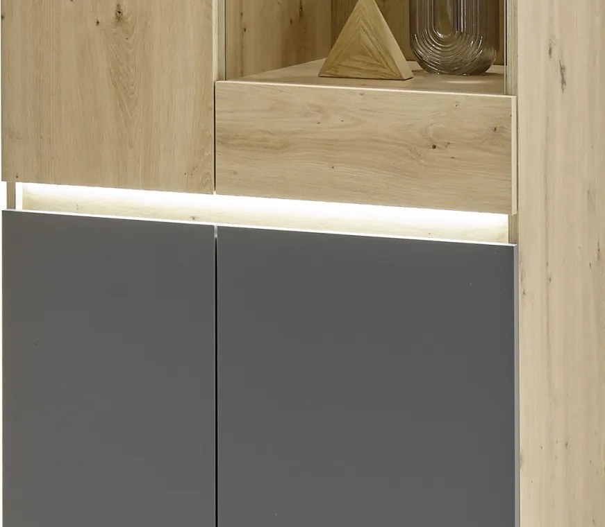 Vysoká vitrína Lille, dub artisan/antracit, s osvetlením