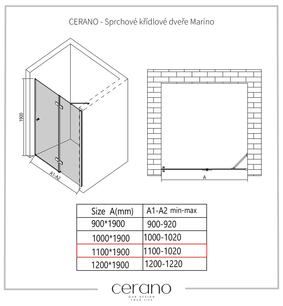 Cerano Marino, 1-krídlové delené sprchové dvere 110x190 cm, 6mm číre sklo, chrómový profil, CER-CER-420207