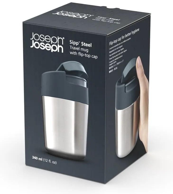 Cestovný hrnček v tmavomodro-lesklo striebornej farbe 340 ml Sipp – Joseph Joseph