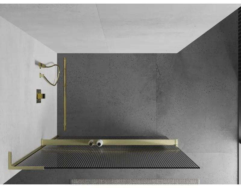 Mexen Kioto+ L, sprchová zástena Walk-In s poličkou a vešiakom 90 x 200 cm, 8mm sklo s rebrovým vzorom, zlatý matný profil, 800-090-123-55-09