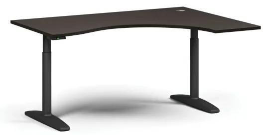 Výškovo nastaviteľný stôl OBOL, elektrický, 675-1325 mm, ergonomický pravý, doska 1600x1200 mm, čierna zaoblená podnož, wenge