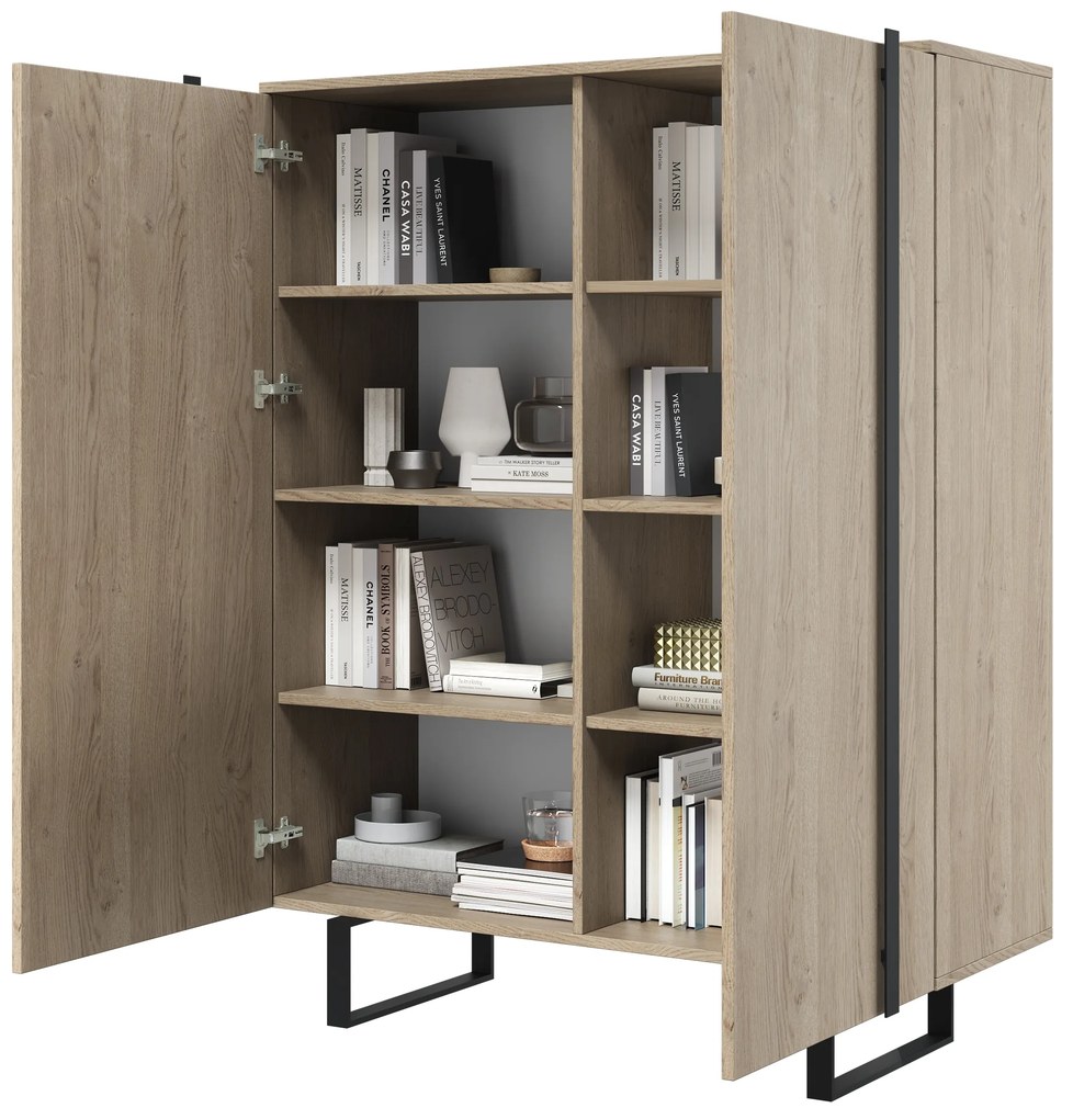 Vysoká komoda Verica 120 cm s dvoma dverami - bisquitový dub / čierne nohy