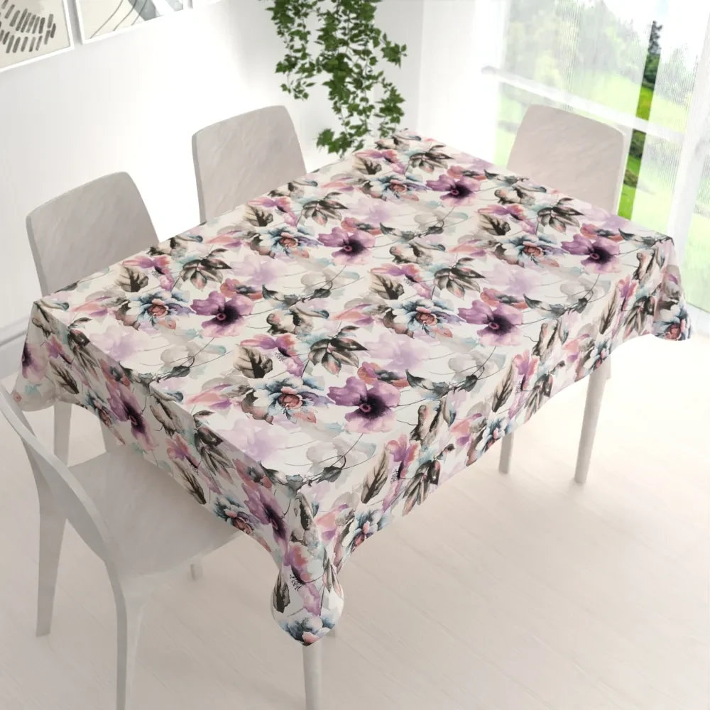Biante Zamatový obdĺžnikový obrus Tamara TMR-050 Abstraktné fialové kvety na smotanovom 140x180 cm