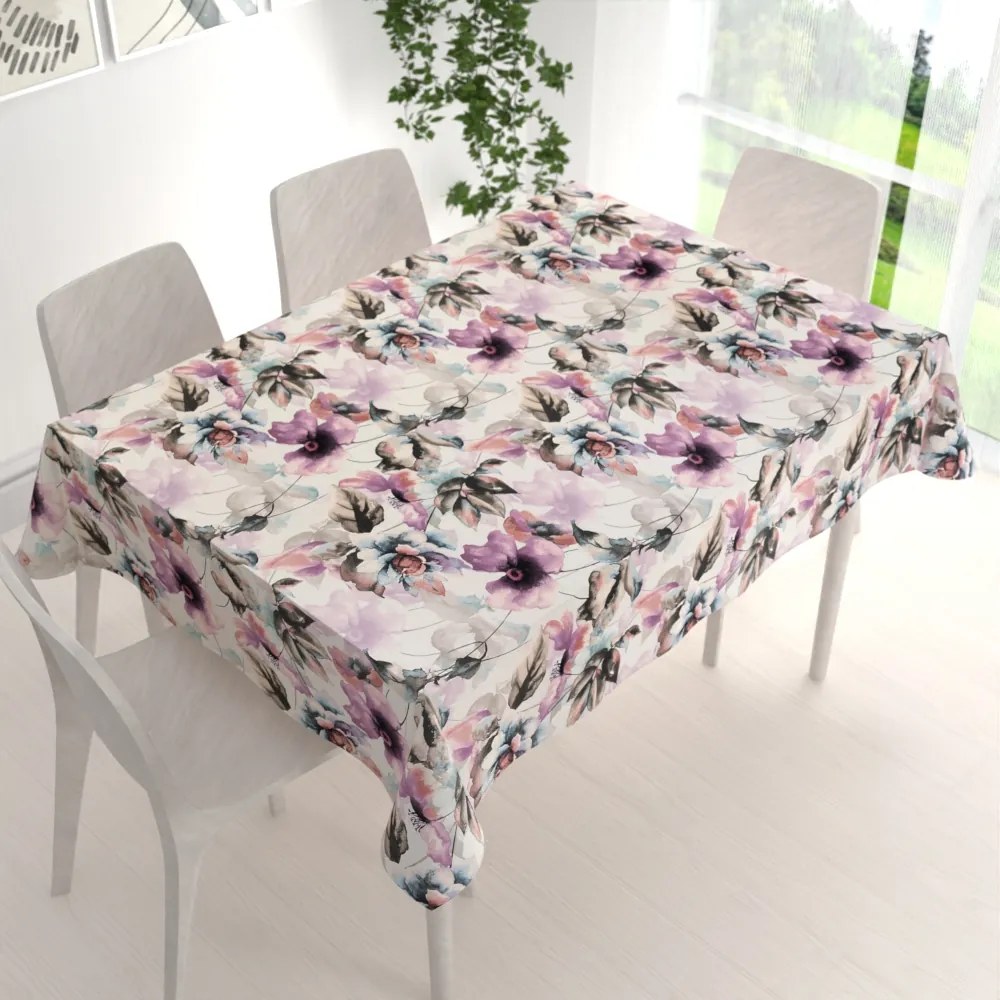 Biante Zamatový obdĺžnikový obrus Tamara TMR-050 Abstraktné fialové kvety na smotanovom 50x100 cm