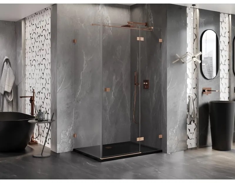Mexen Lunar T, výklopný sprchový kút pravý 130 x 120 cm, 8mm číre sklo, profil medená matná, 834T-130-120-65-00-P