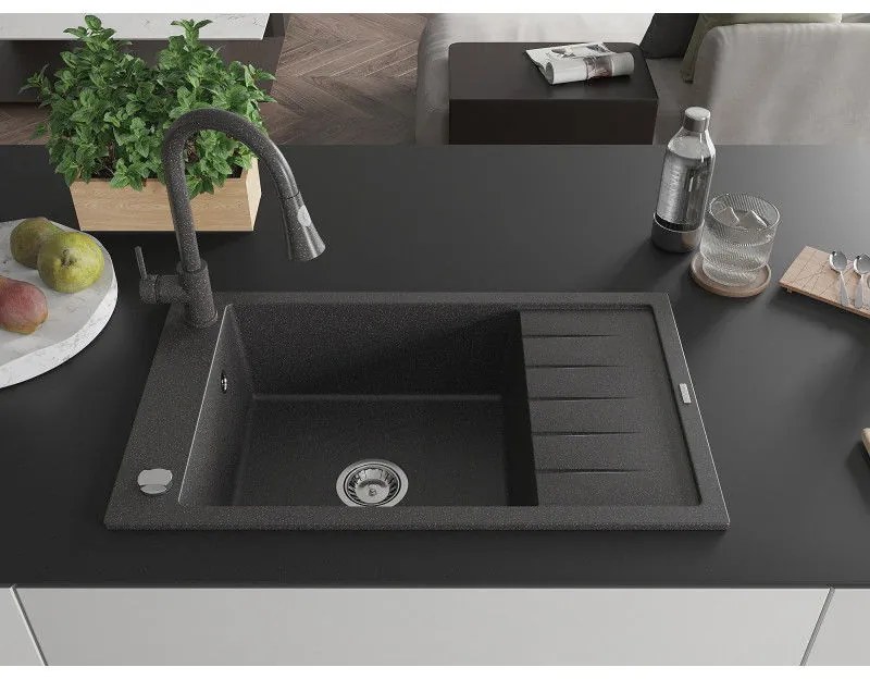 Mexen Elias, 1-komorový granitový drez 795x480x200 mm a drezová batéria Elia, čierna škvrnitá, 6511-76-670101-70-B
